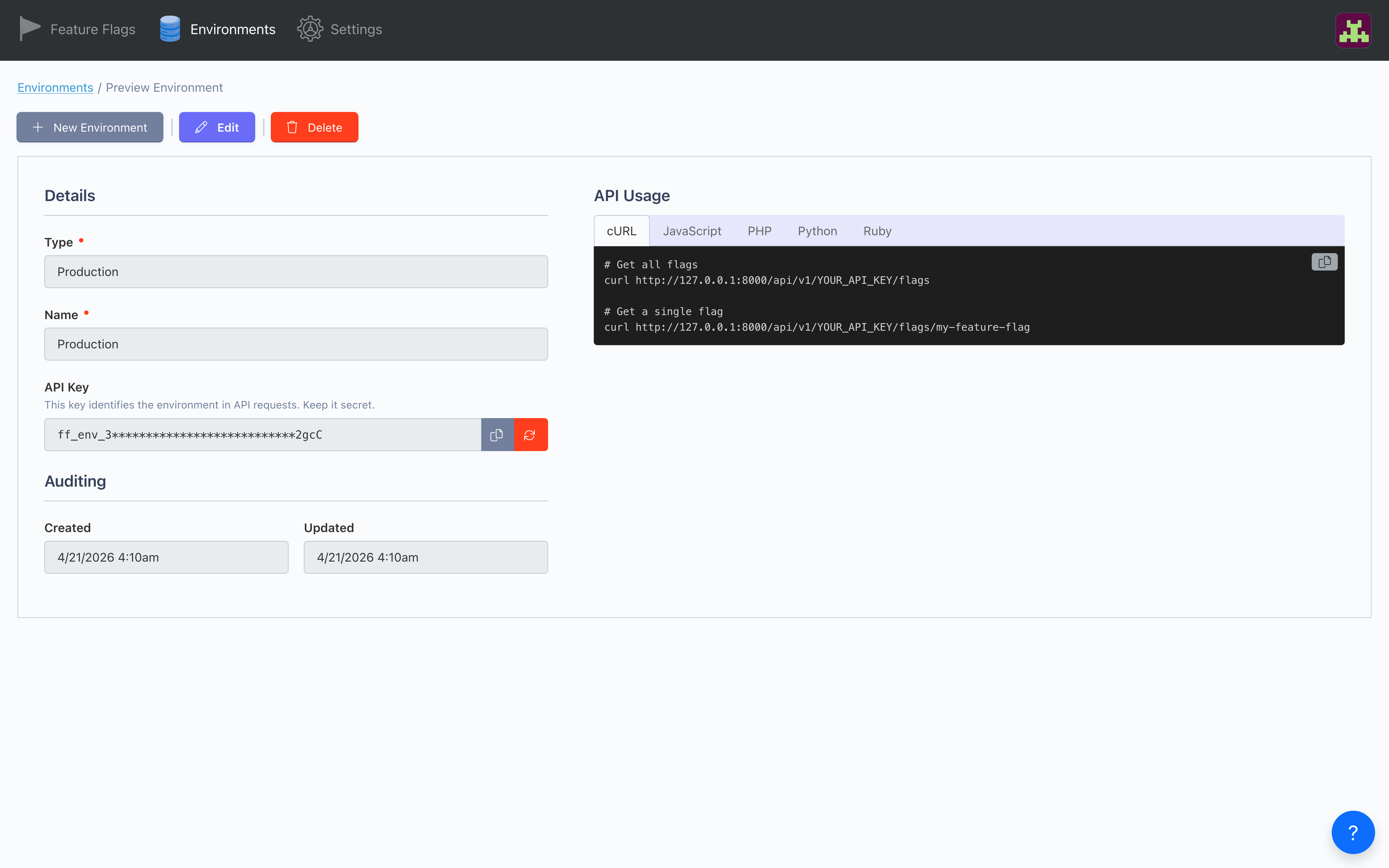 Toggley environment detail page showing the environment's API key and an API Usage panel with copy-pasteable cURL examples for fetching all flags or a single flag, plus tabs for JavaScript, PHP, Python, and Ruby
