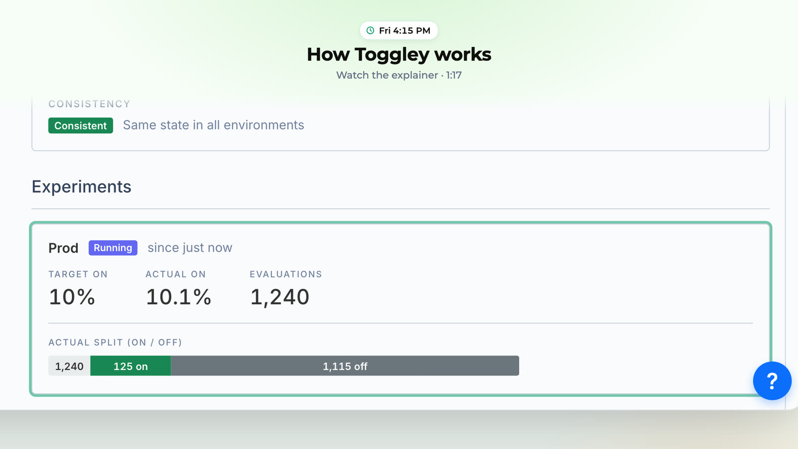 Toggley feature flags list with ten realistic flags (new-checkout, dark-mode-beta, experimental-search and more), each showing its type and a toggle for every environment